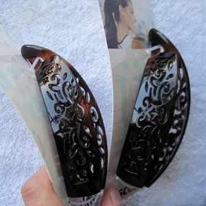 THREE Scunci Design Tortoise Plastic Secure Hinged Open Banana Comb Hair Clips